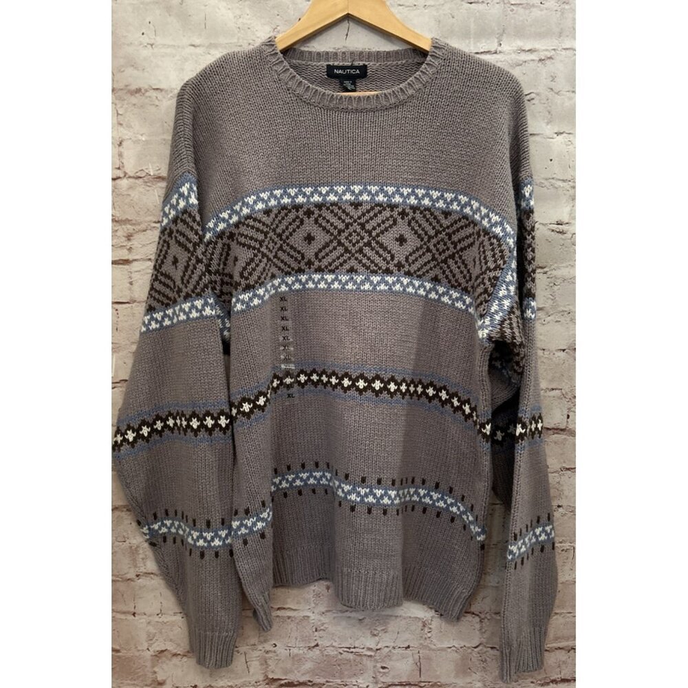 Nautica Mens XL Classic Fair Isle Crewneck Sweater Gray Blue Cotton Lambswool